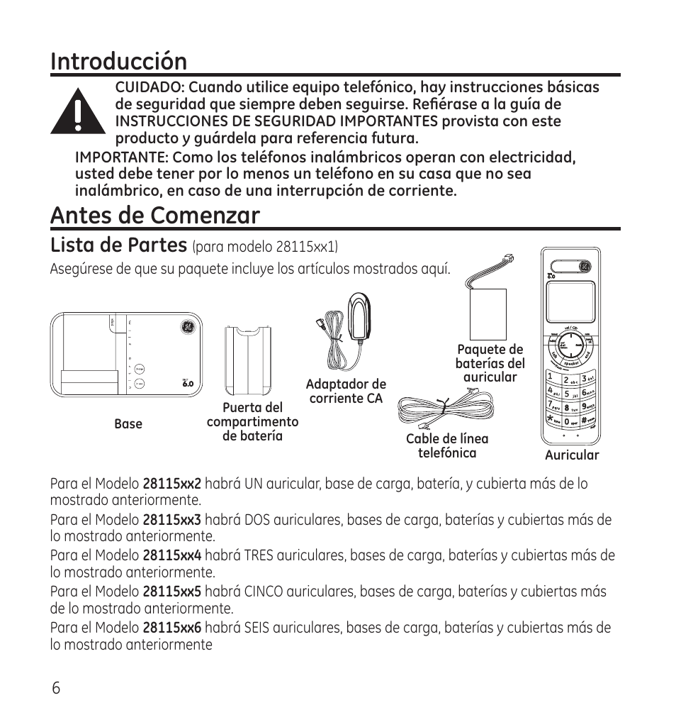 Introducción, Antes de comenzar, Lista de partes | GE 28115 Series User Manual | Page 48 / 84