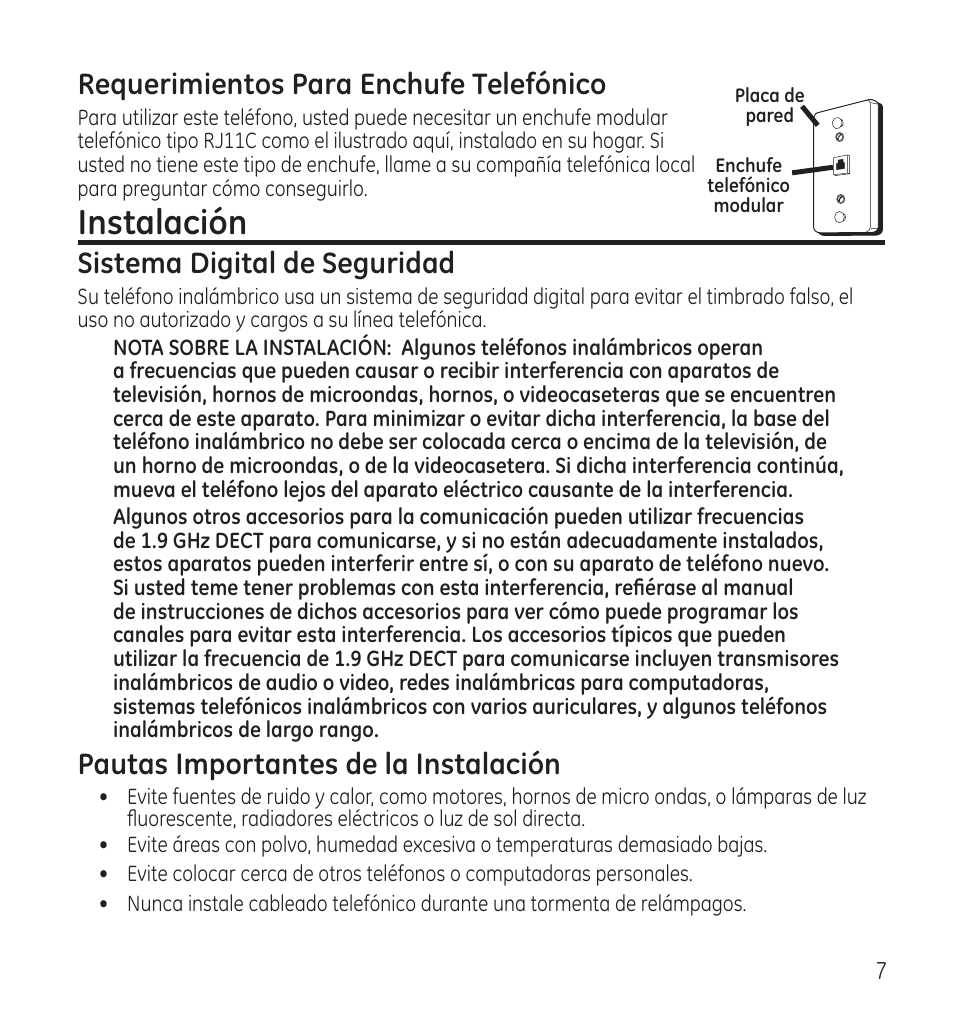 Instalación, Requerimientos para enchufe telefónico, Sistema digital de seguridad | Pautas importantes de la instalación | GE 28115 Series User Manual | Page 49 / 84