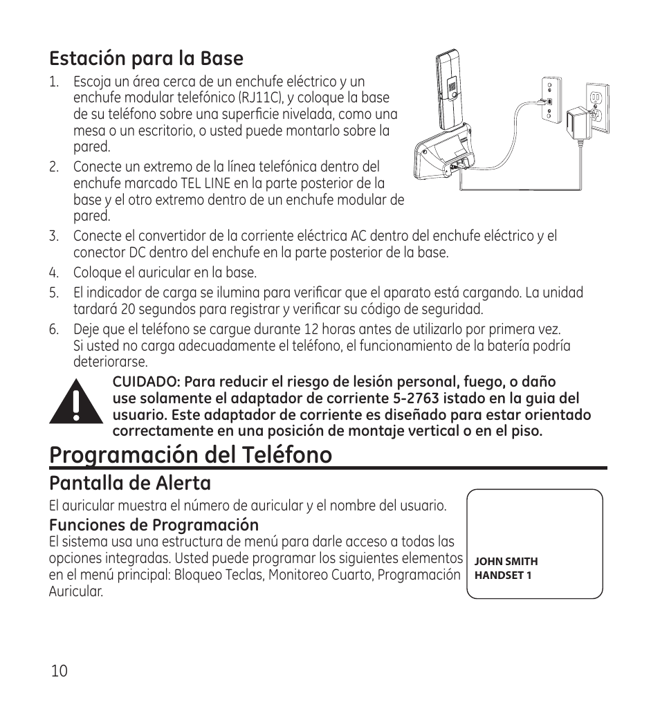 Programación del teléfono, Estación para la base, Pantalla de alerta | GE 28115 Series User Manual | Page 52 / 84