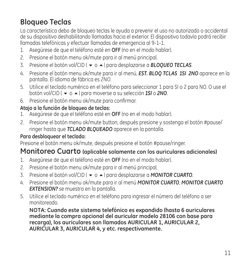 Bloqueo teclas, Monitoreo cuarto | GE 28115 Series User Manual | Page 53 / 84