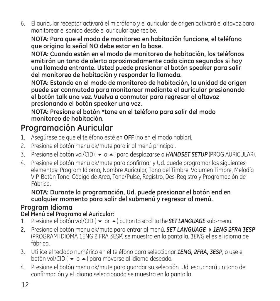 Programación auricular | GE 28115 Series User Manual | Page 54 / 84