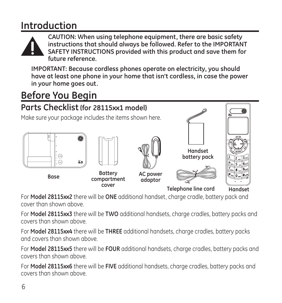 Introduction, Before you begin, Parts checklist | GE 28115 Series User Manual | Page 6 / 84