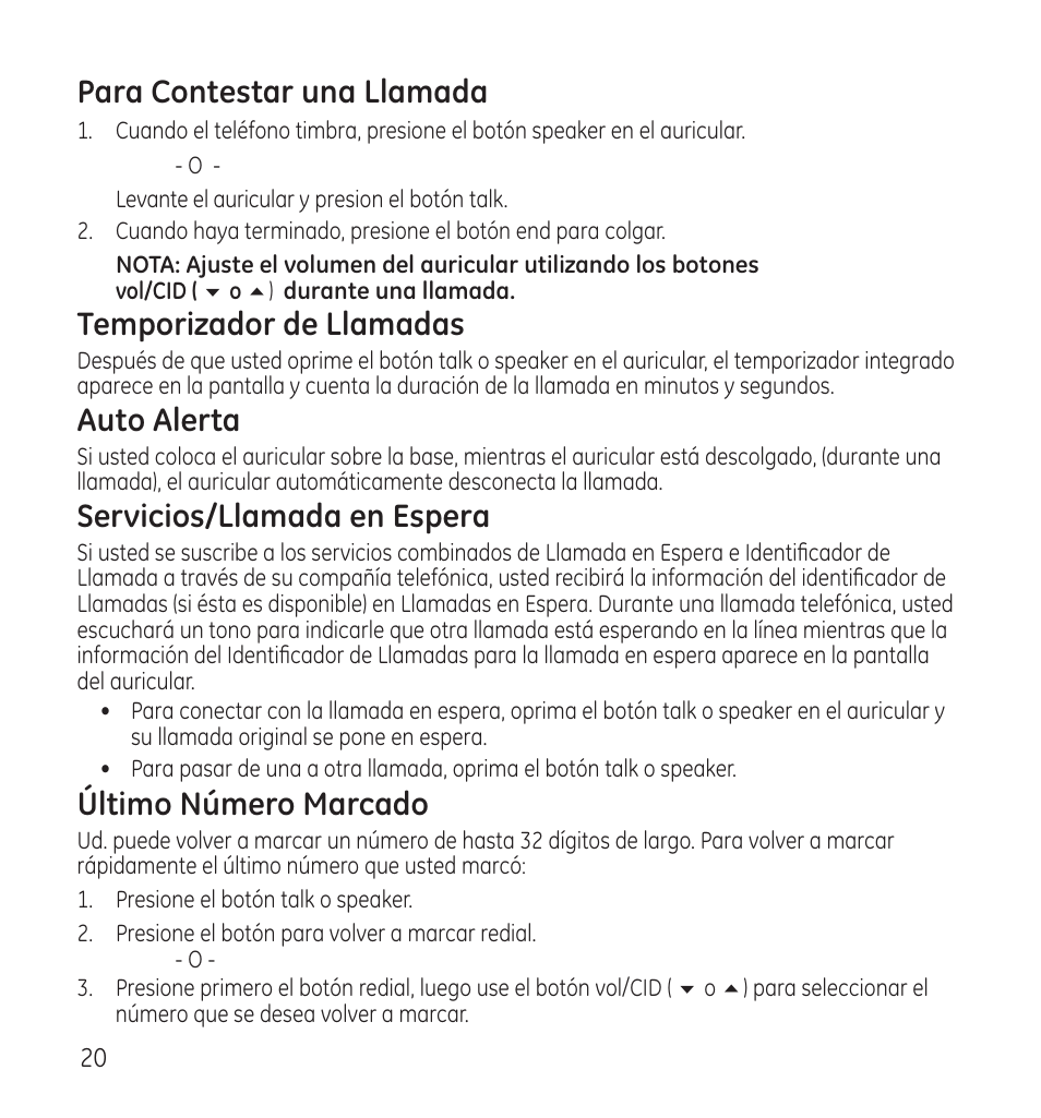 Para contestar una llamada, Temporizador de llamadas, Auto alerta | Servicios/llamada en espera, Último número marcado | GE 28115 Series User Manual | Page 62 / 84