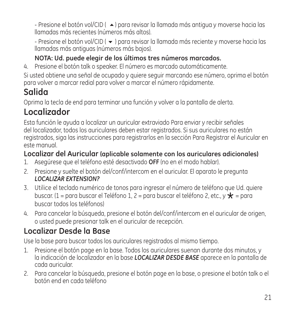 Salida, Localizador | GE 28115 Series User Manual | Page 63 / 84