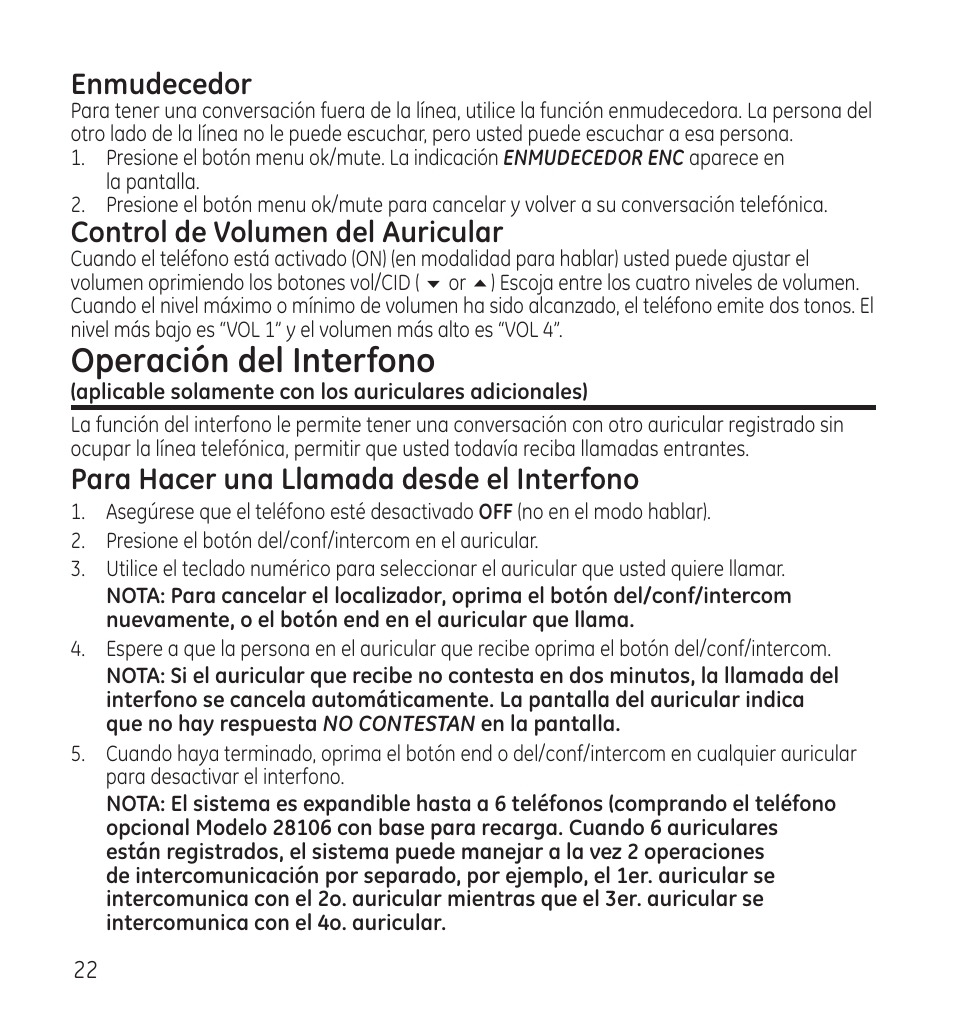 Operación del interfono, Enmudecedor, Control de volumen del auricular | Para hacer una llamada desde el interfono | GE 28115 Series User Manual | Page 64 / 84