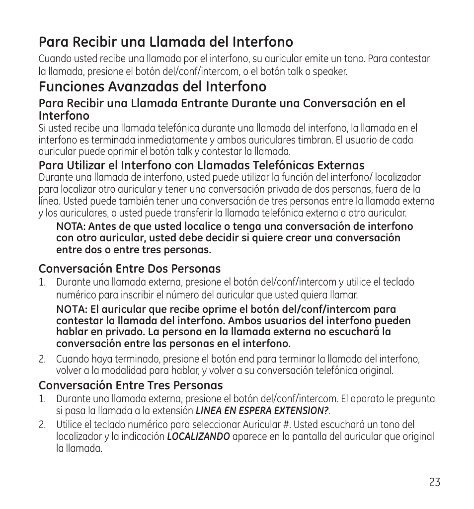 Para recibir una llamada del interfono, Funciones avanzadas del interfono | GE 28115 Series User Manual | Page 65 / 84