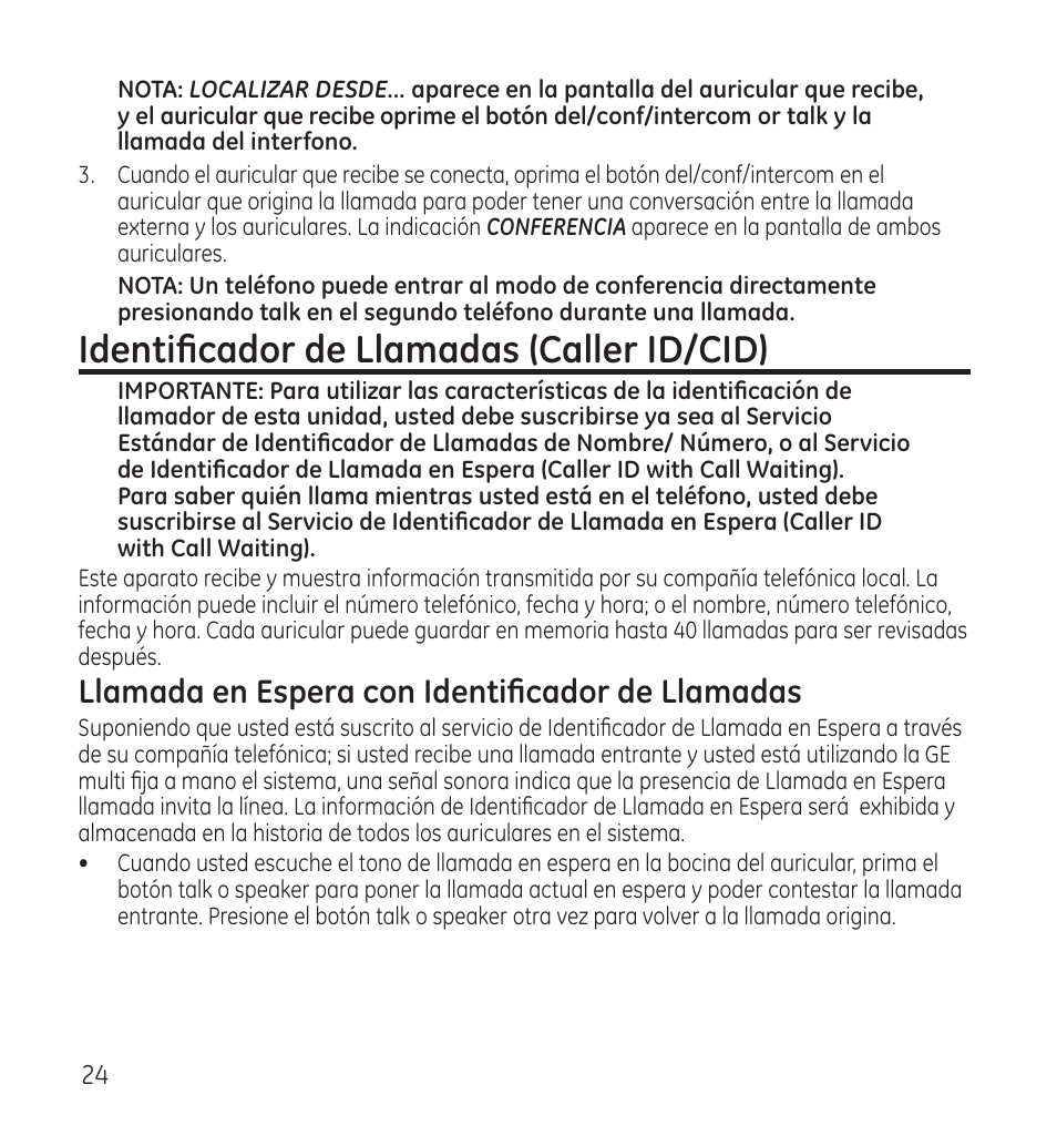 Identificador de llamadas (caller id/cid), Llamada en espera con identificador de llamadas | GE 28115 Series User Manual | Page 66 / 84