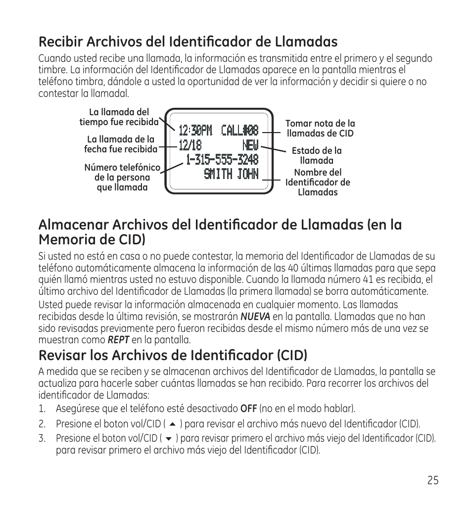 Revisar los archivos de identificador (cid), Recibir archivos del identificador de llamadas | GE 28115 Series User Manual | Page 67 / 84