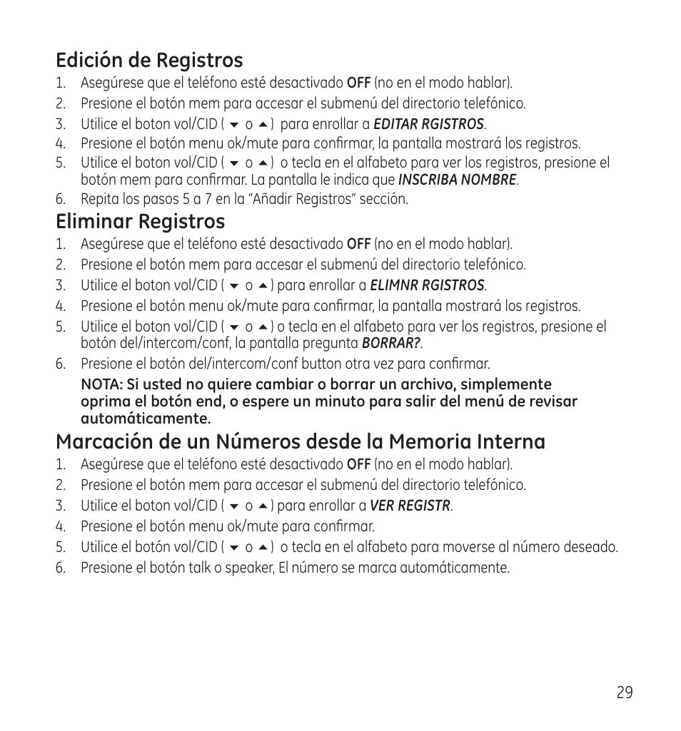 Edición de registros, Eliminar registros | GE 28115 Series User Manual | Page 71 / 84