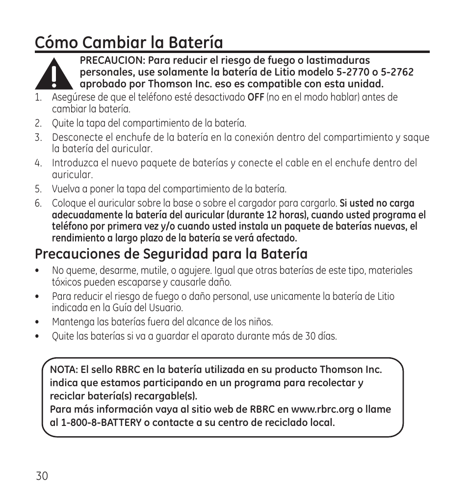 Cómo cambiar la batería, Precauciones de seguridad para la batería | GE 28115 Series User Manual | Page 72 / 84