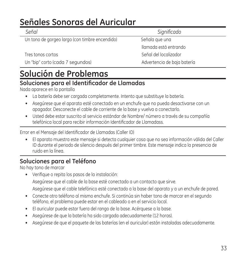 Señales sonoras del auricular, Solución de problemas | GE 28115 Series User Manual | Page 75 / 84