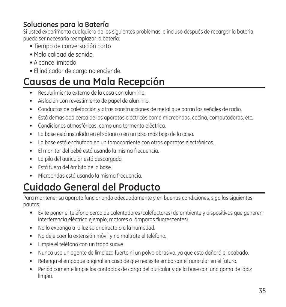 Causas de una mala recepción, Cuidado general del producto | GE 28115 Series User Manual | Page 77 / 84