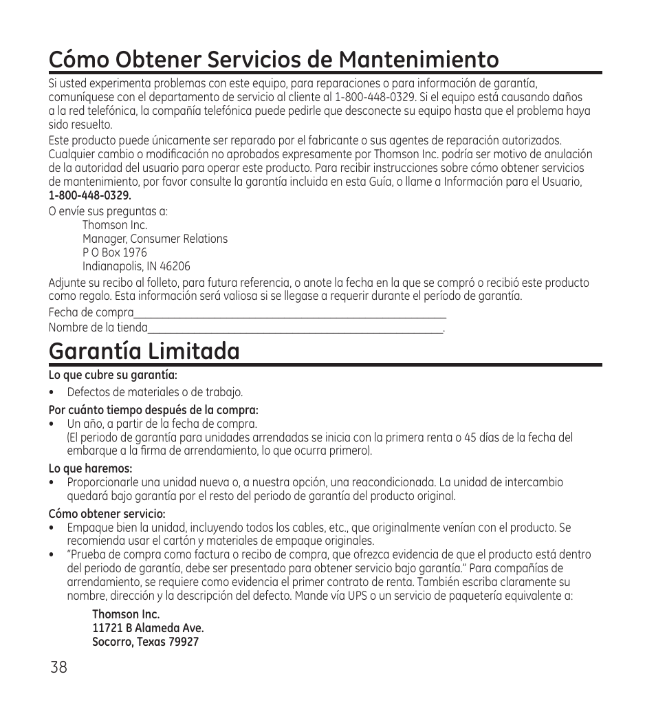 Cómo obtener servicios de mantenimiento, Garantía limitada | GE 28115 Series User Manual | Page 80 / 84