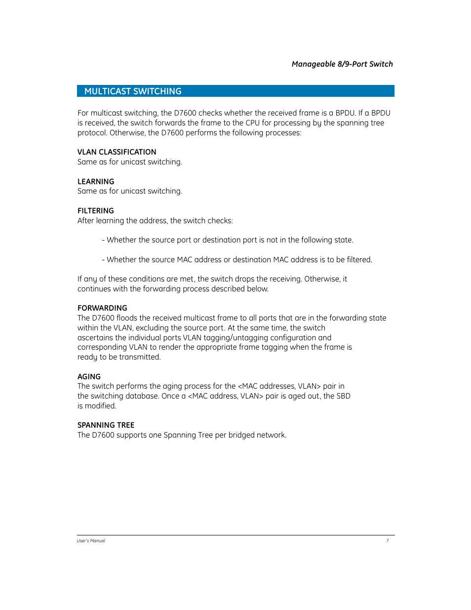 Multicast switching | GE EtherNAV D7600 Series User Manual | Page 11 / 90