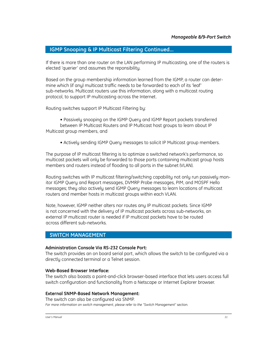 Igmp snooping & ip multicast filtering continued, Switch management | GE EtherNAV D7600 Series User Manual | Page 15 / 90