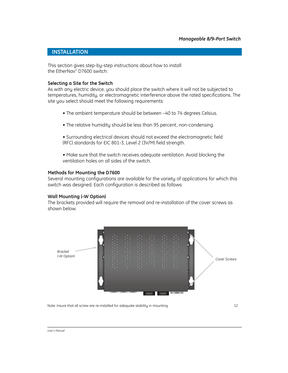 Installation | GE EtherNAV D7600 Series User Manual | Page 16 / 90