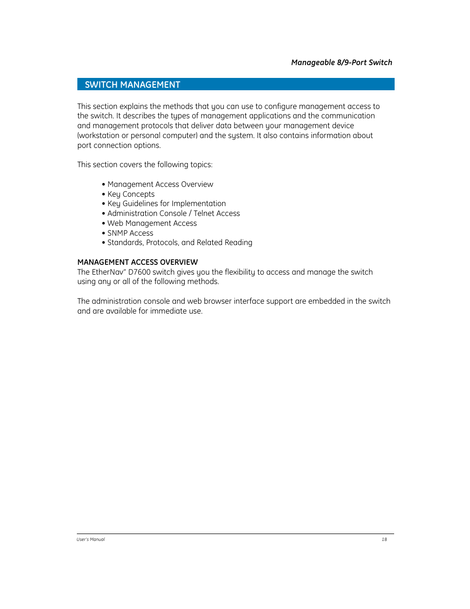 Switch management | GE EtherNAV D7600 Series User Manual | Page 22 / 90
