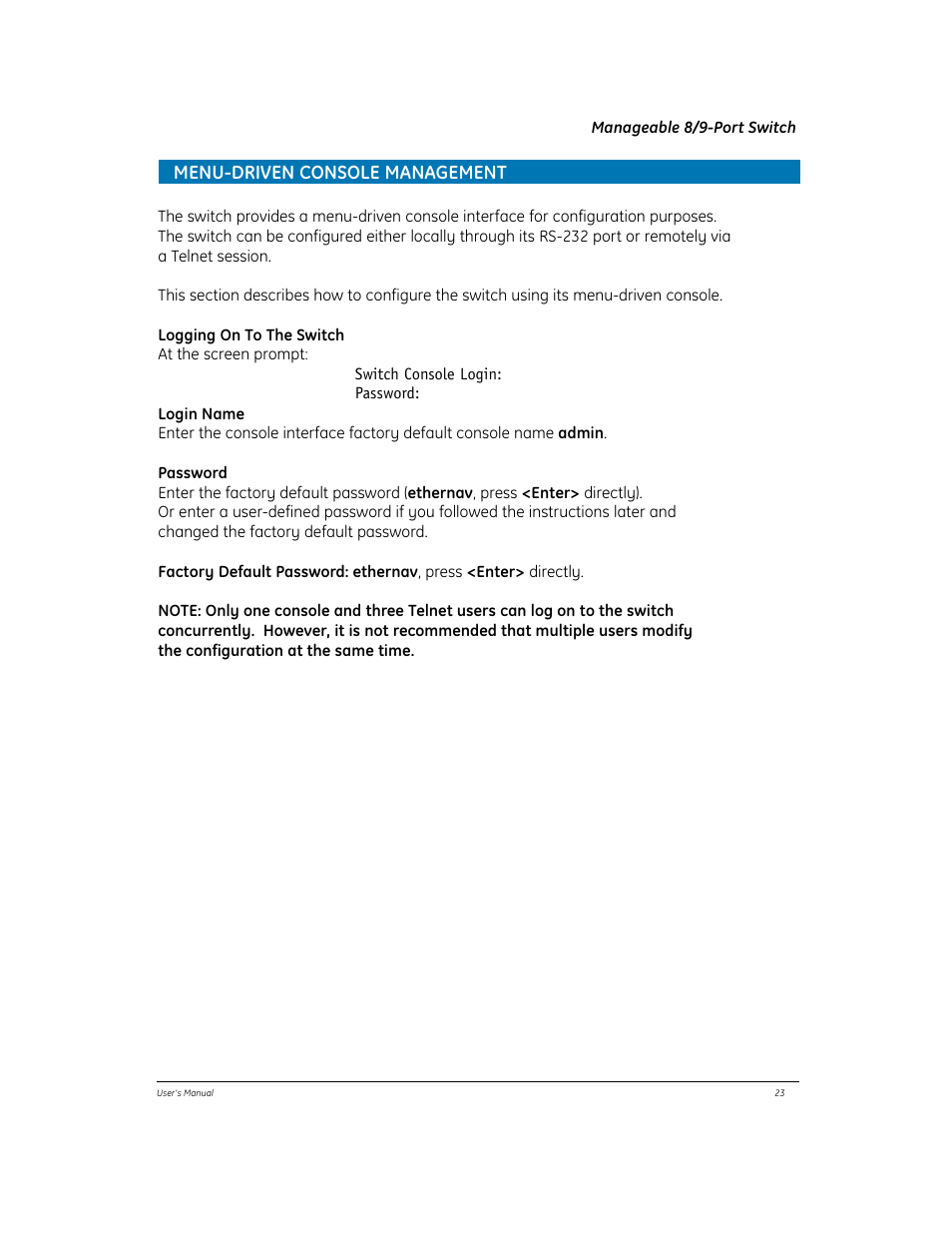 Menu-driven console management | GE EtherNAV D7600 Series User Manual | Page 27 / 90