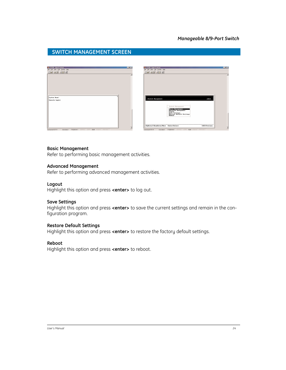 Switch management screen | GE EtherNAV D7600 Series User Manual | Page 28 / 90