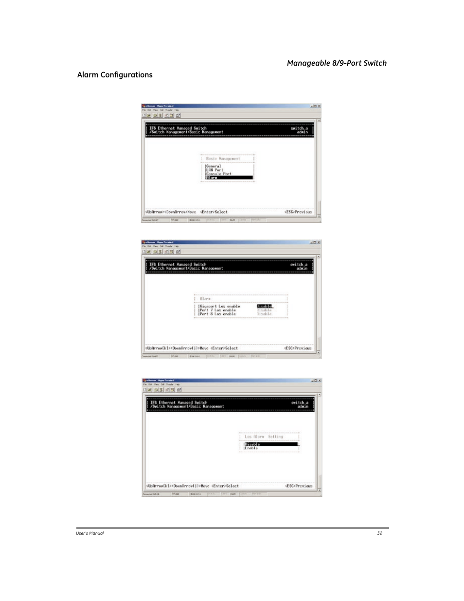 Manageable 8/9-port switch alarm configurations | GE EtherNAV D7600 Series User Manual | Page 36 / 90
