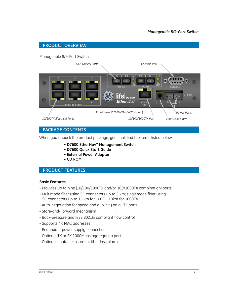 Product overview, Package contents product features | GE EtherNAV D7600 Series User Manual | Page 5 / 90