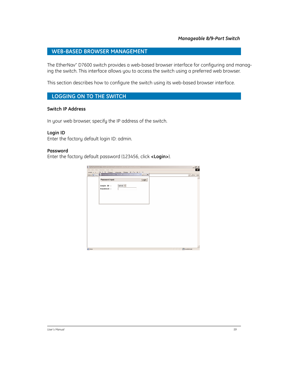 Web-based browser management, Logging on to the switch | GE EtherNAV D7600 Series User Manual | Page 63 / 90