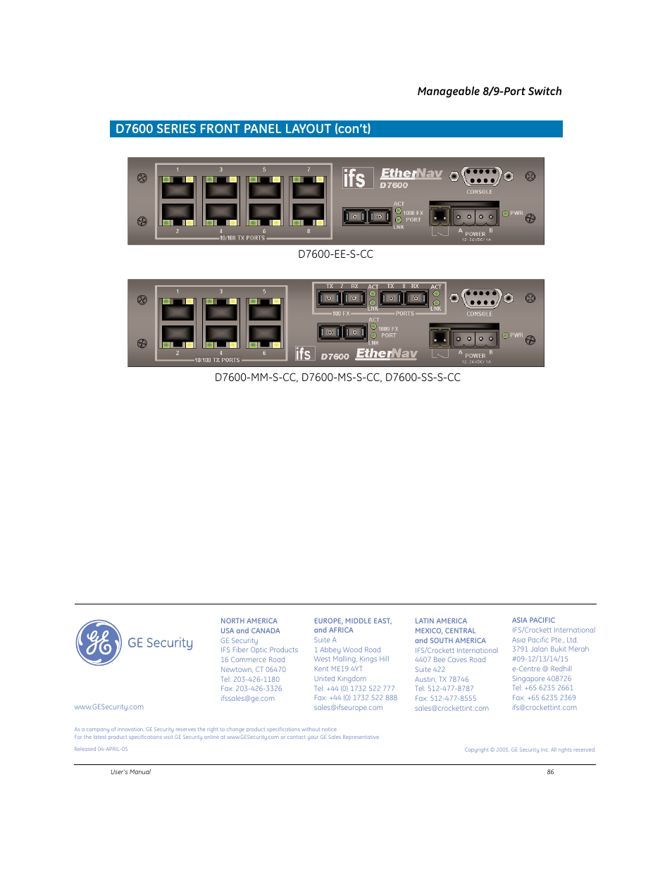 D7600 series front panel layout (con’t), Manageable 8/9-port switch | GE EtherNAV D7600 Series User Manual | Page 90 / 90