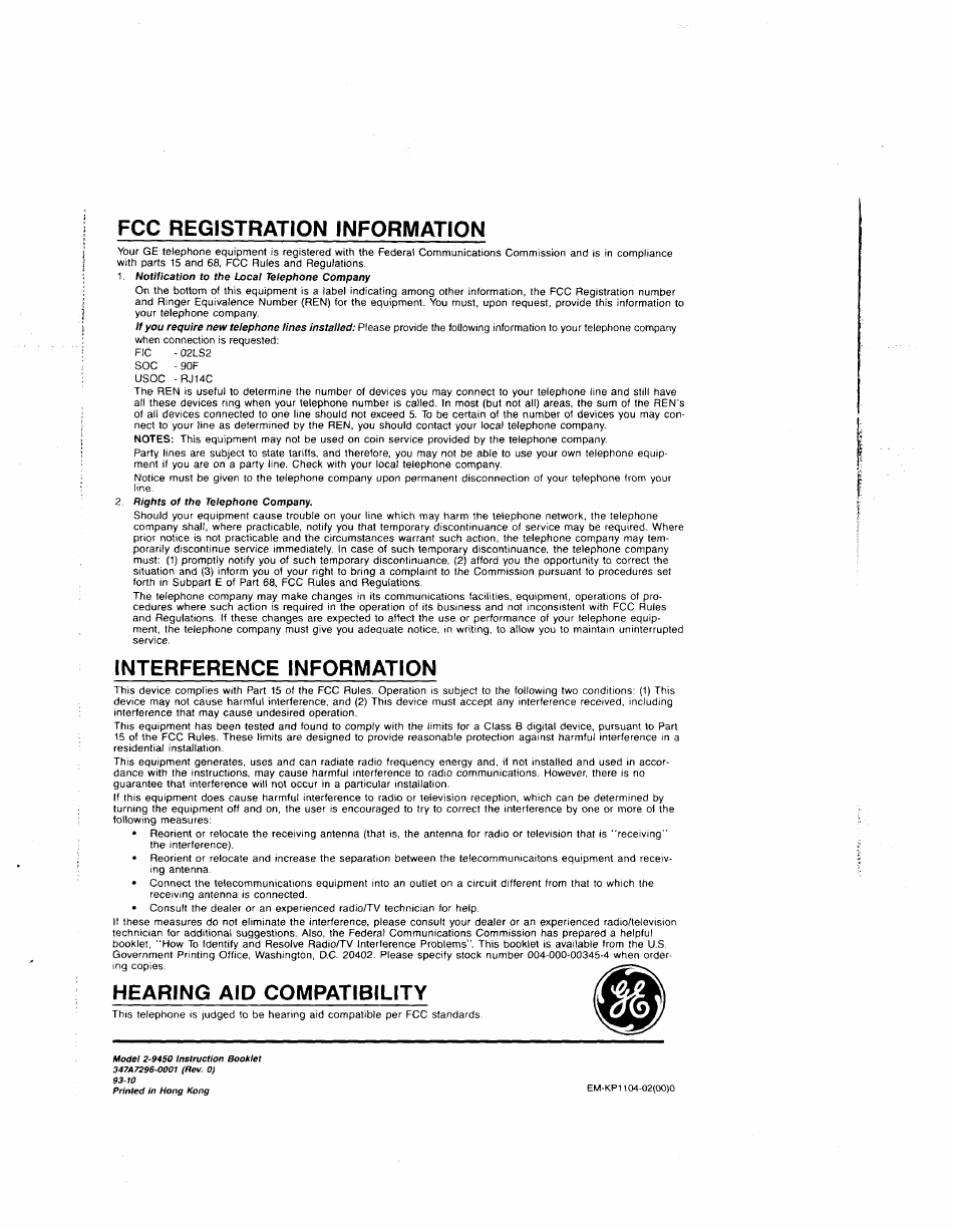 Fcc registration information, Interference information, Hearing aid compatibility | GE Feb-50 User Manual | Page 16 / 16