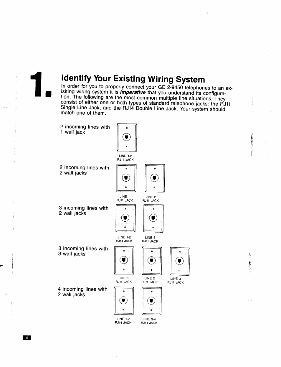Identify your existing wiring system, 2 incoming lines with, 2 wall jacks | 3 incoming lines with, 3 incoming lines with 3 wall jacks, 4 incoming lines with 2 wall jacks | GE Feb-50 User Manual | Page 4 / 16