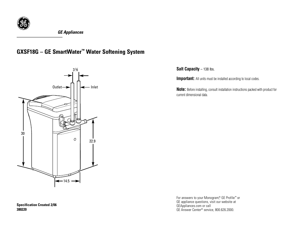 GE GXSF18G User Manual | 2 pages