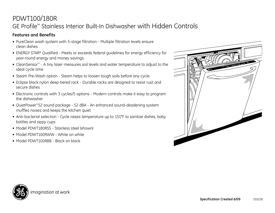 With hidden controls, Ge profile, Stainless interior built-in dishwasher | Pdwt180rss | GE Profile CDWT980 User Manual | Page 2 / 2