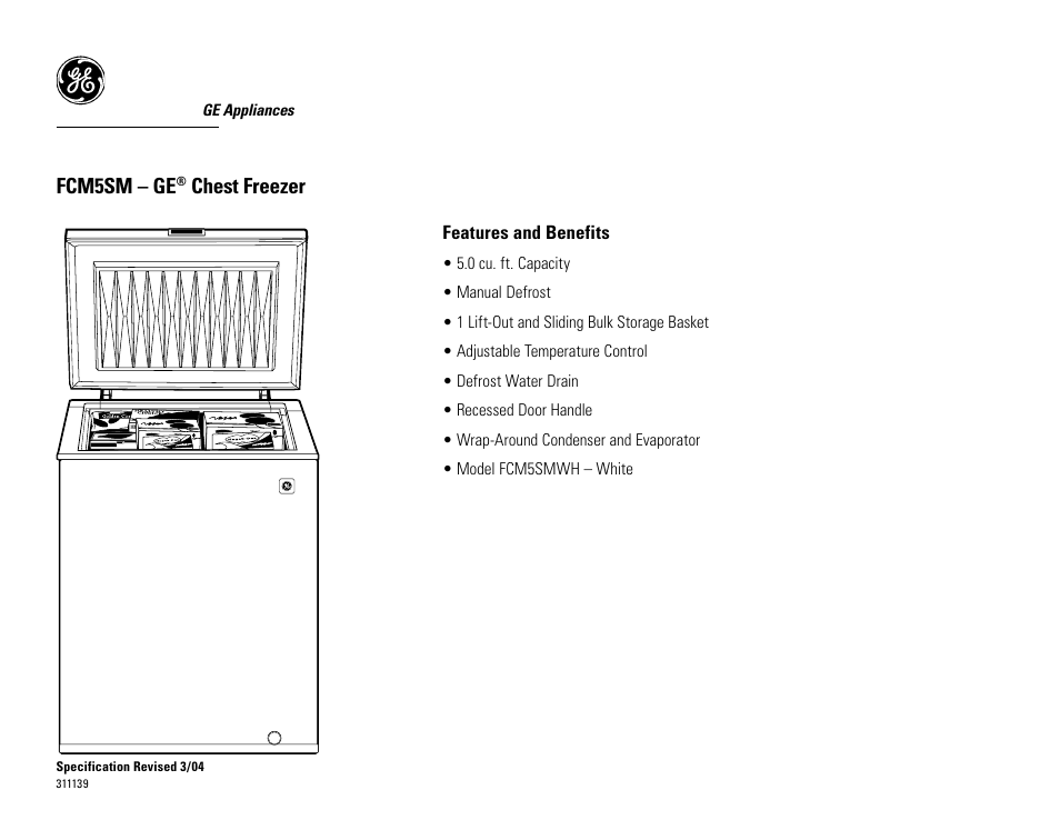 Fcm5sm – ge, Chest freezer | GE Profile FCM5SMWH User Manual | Page 2 / 2