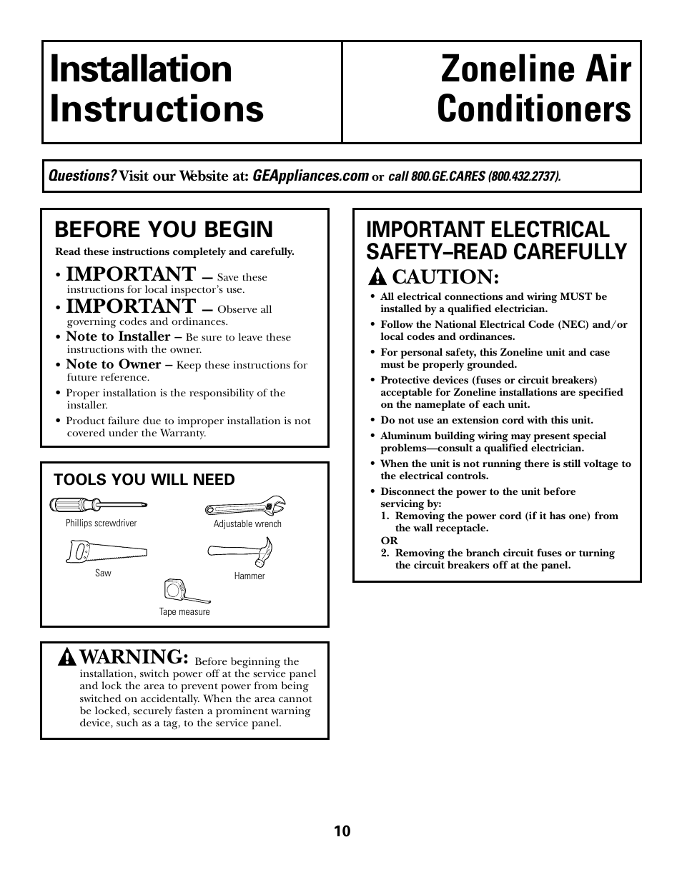 Preparation, Before you begin, Important electrical safety–read carefully | Important, Caution, Warning | GE 49-7419-2 User Manual | Page 10 / 28