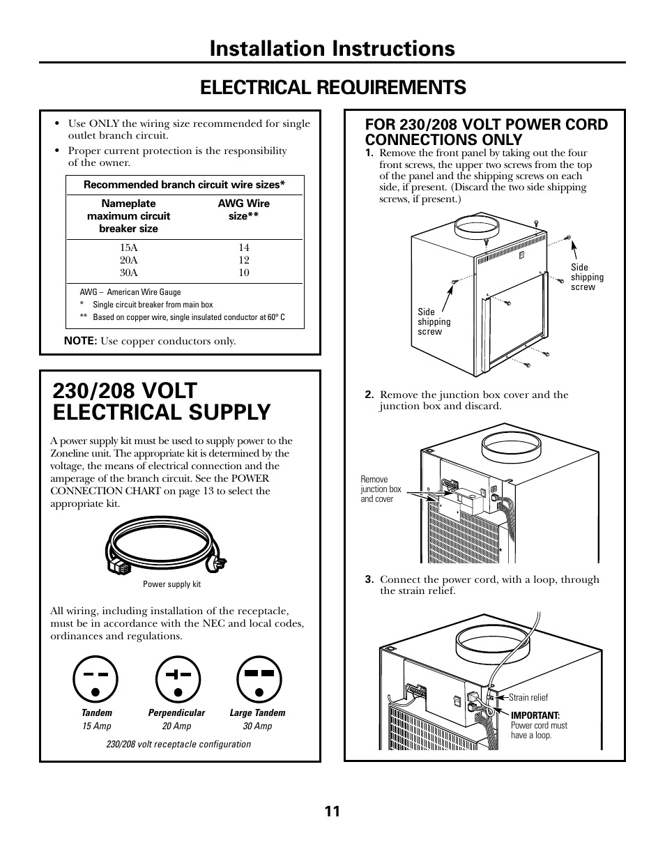 Electrical supply, Electrical supply –13, Installation instructions | Electrical requirements | GE 49-7419-2 User Manual | Page 11 / 28