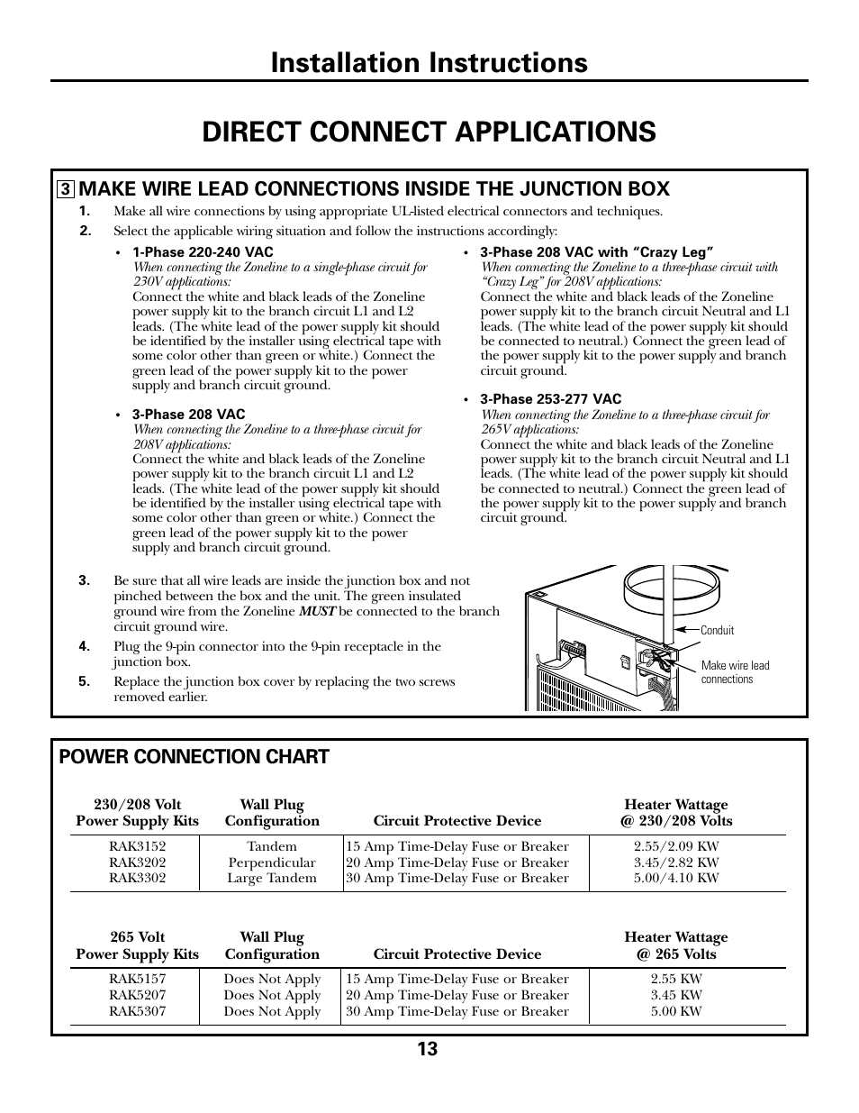 Make wire lead connections inside the junction box, Power connection chart | GE 49-7419-2 User Manual | Page 13 / 28