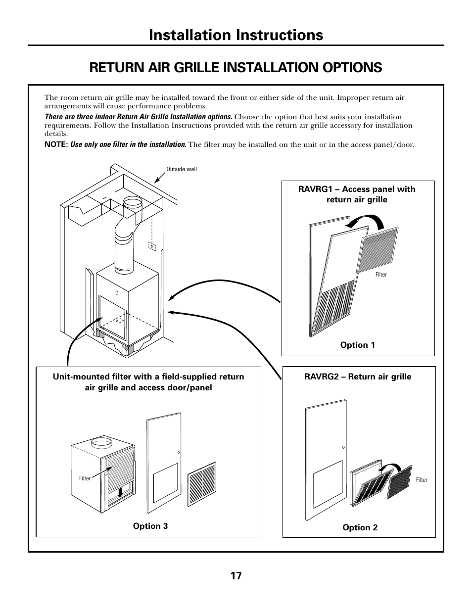 Installation instructions, Return air grille installation options | GE 49-7419-2 User Manual | Page 17 / 28