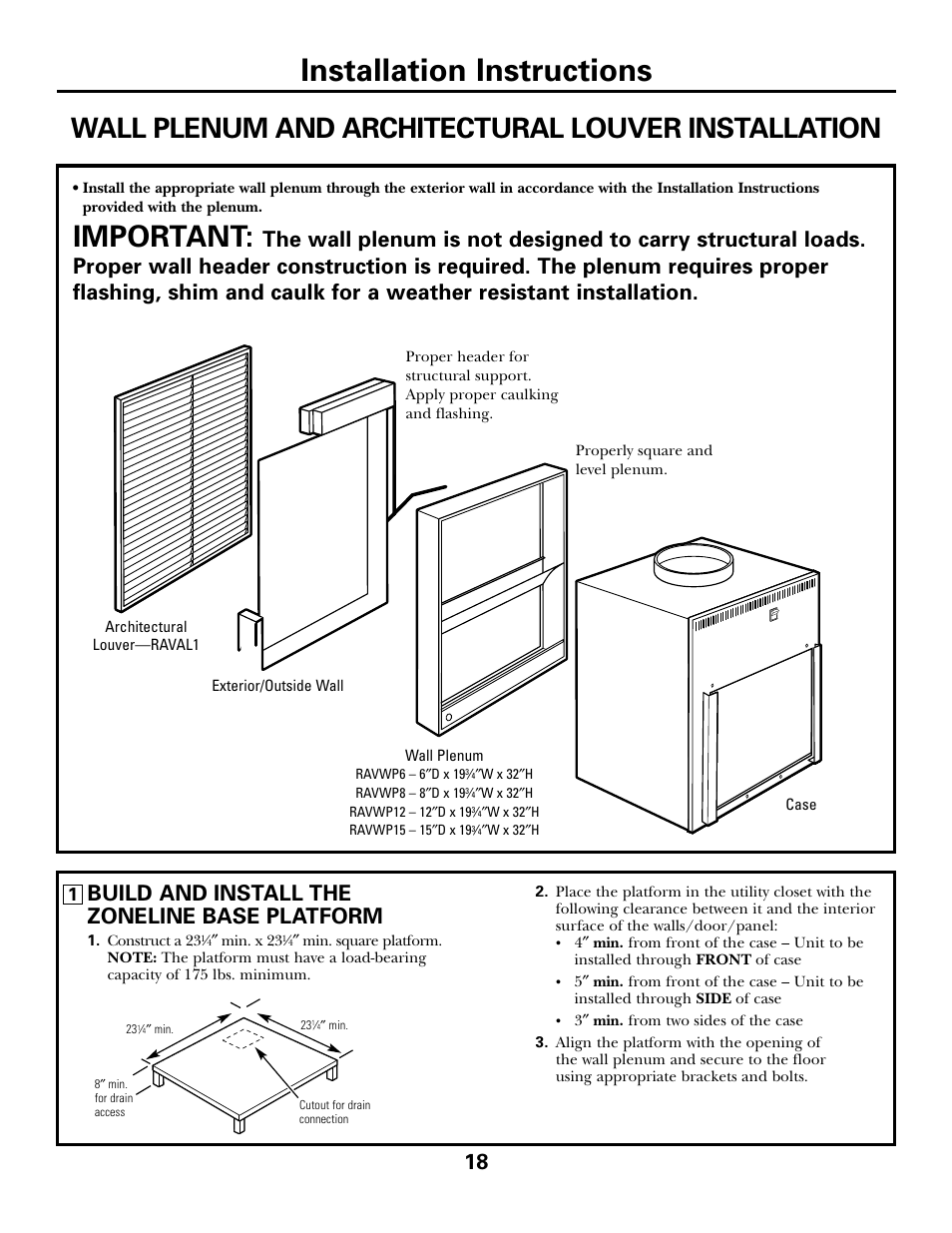 Installation instructions, Important, Wall plenum and architectural louver installation | Build and install the zoneline base platform | GE 49-7419-2 User Manual | Page 18 / 28