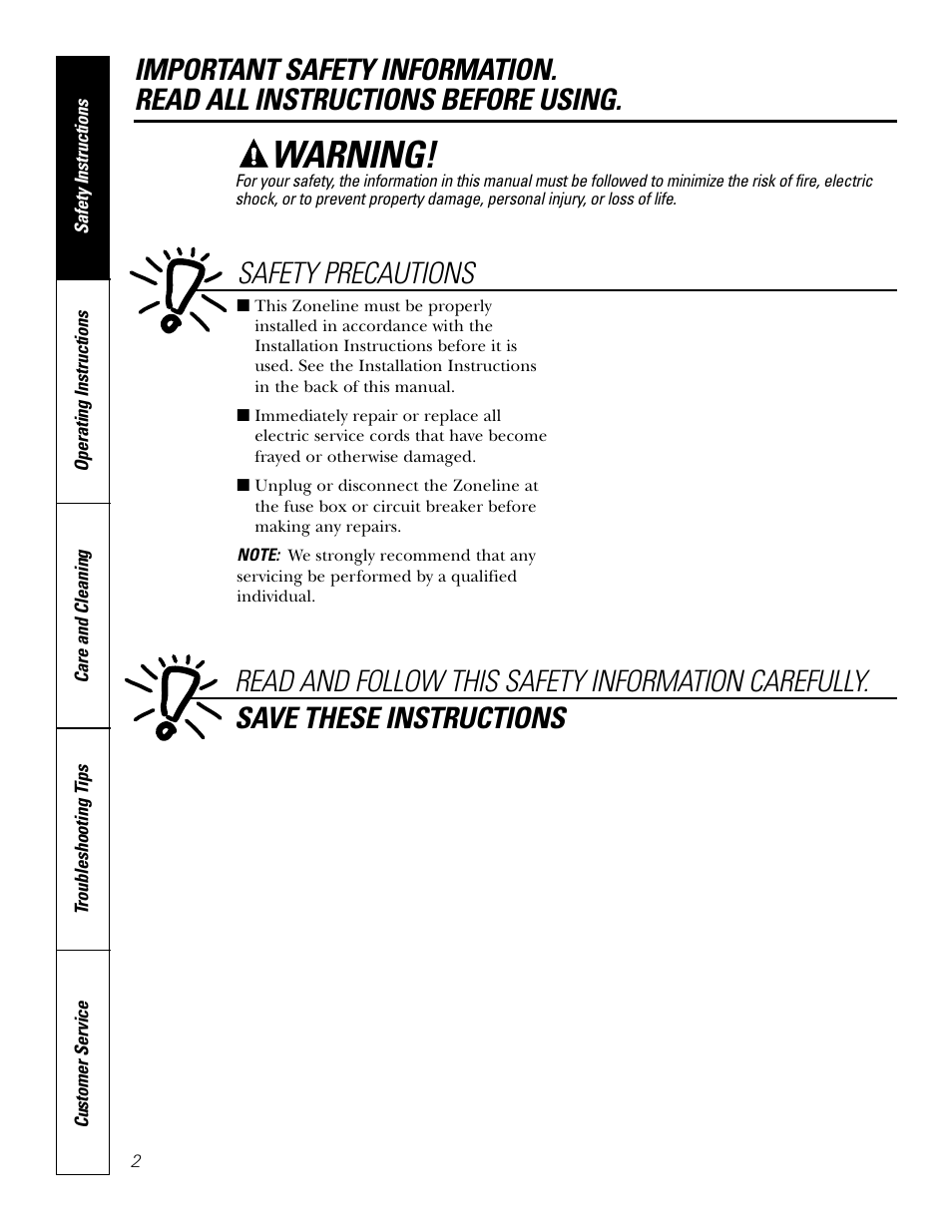Safety instructions, Warning | GE 49-7419-2 User Manual | Page 2 / 28