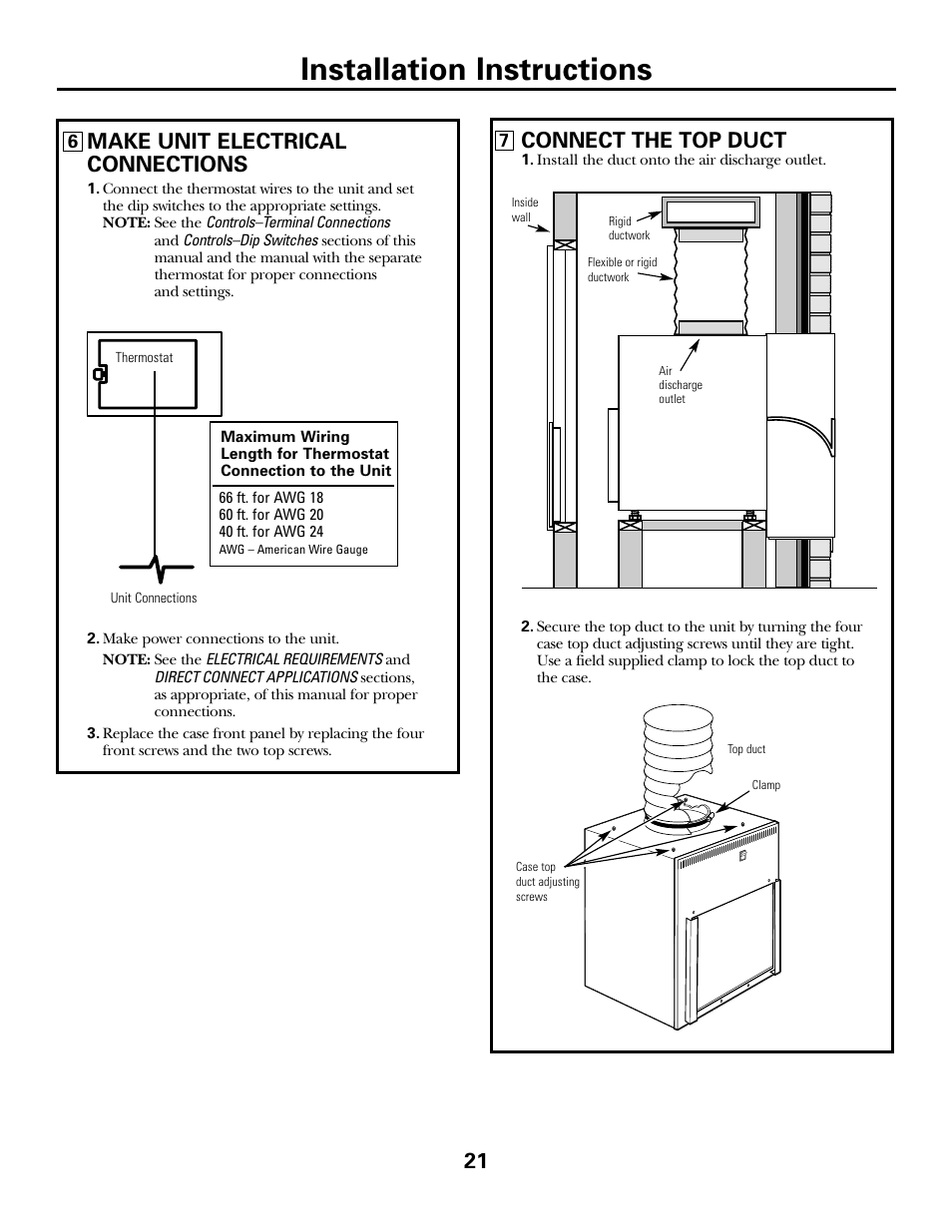 Installation instructions, Make unit electrical connections, Connect the top duct | GE 49-7419-2 User Manual | Page 21 / 28