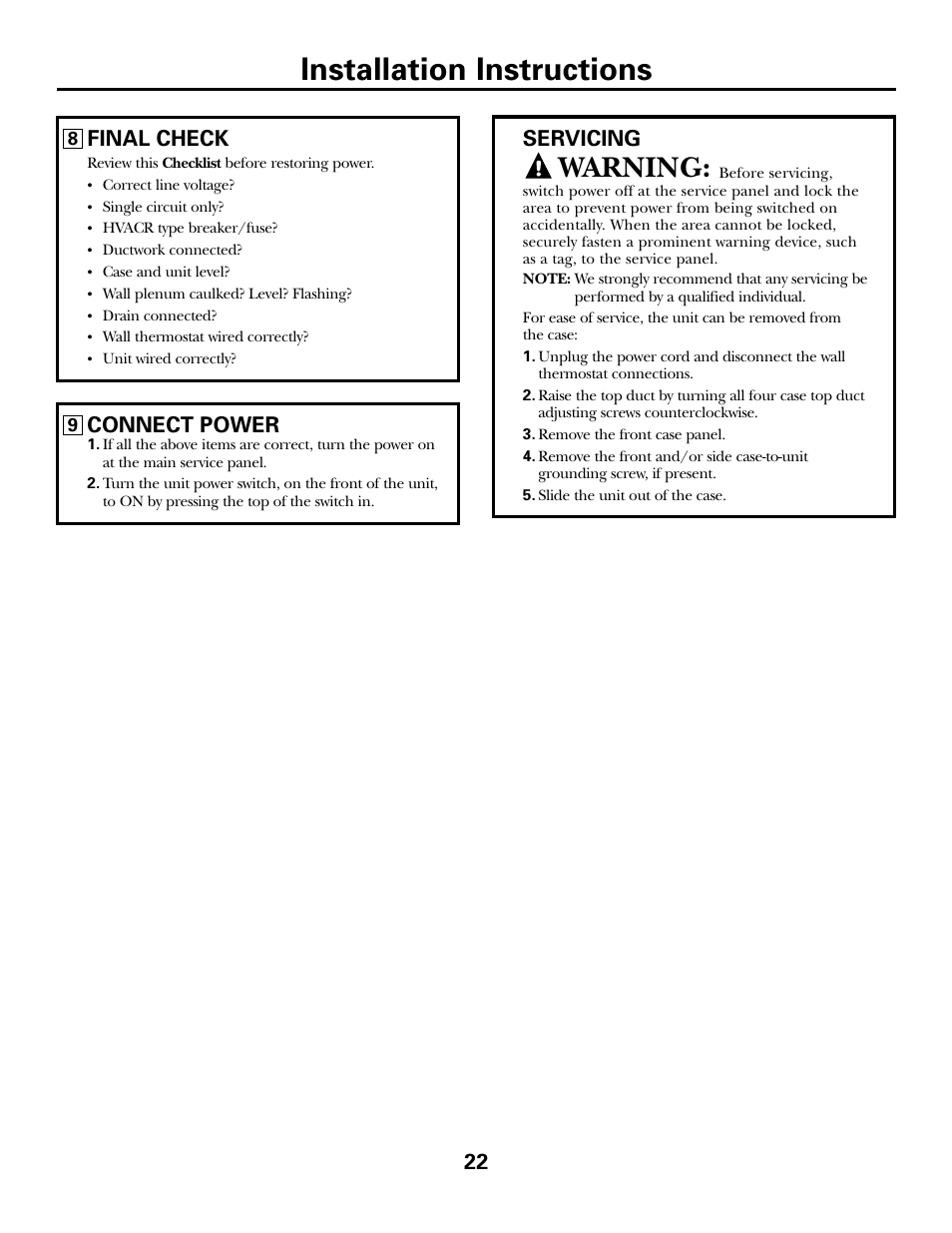 Servicing, Installation instructions, Warning | GE 49-7419-2 User Manual | Page 22 / 28