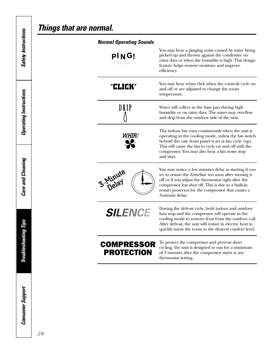 Normal operating sounds, Things that are normal, Minute dela y “click | Compressor protection | GE 49-7419-2 User Manual | Page 24 / 28