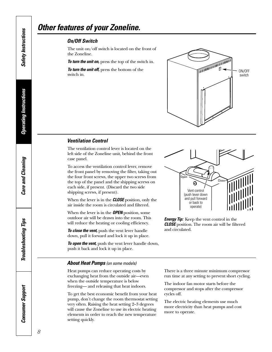 On/off switch, Ventilation control, On/off switch ventilation control | Other features of your zoneline | GE 49-7419-2 User Manual | Page 8 / 28