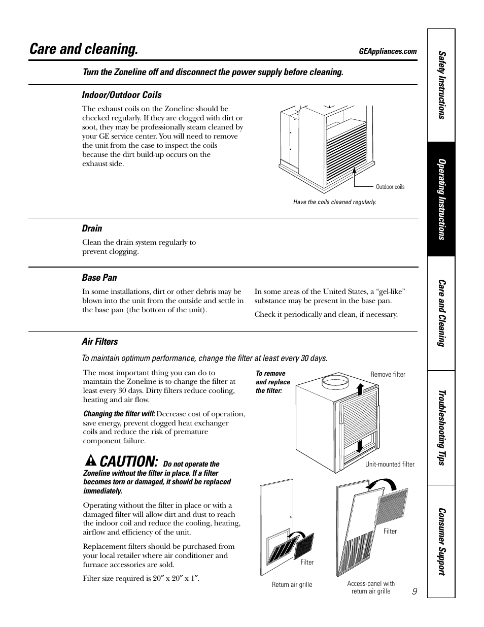 Air filters, Base pan, Exhaust coils | Air filters base pan exhaust coils, Care and cleaning, Caution | GE 49-7419-2 User Manual | Page 9 / 28