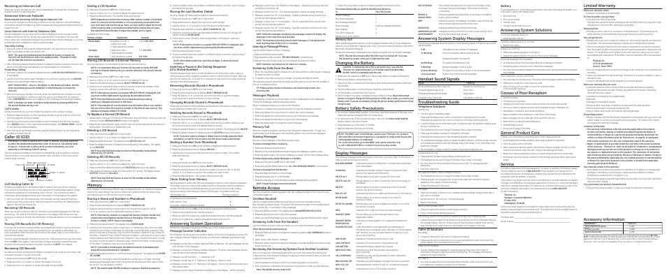 Changing the battery, Battery safety precautions, Display messages | Caller id (cid), Answering system operation, Remote access, Answering system display messages, Handset sound signals, Troubleshooting guide, Answering system solutions | GE 00019279 User Manual | Page 2 / 2