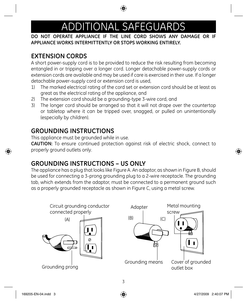 Additional safeguards, Extension cords, Grounding instructions | Grounding instructions – us only | GE 169205 User Manual | Page 3 / 9