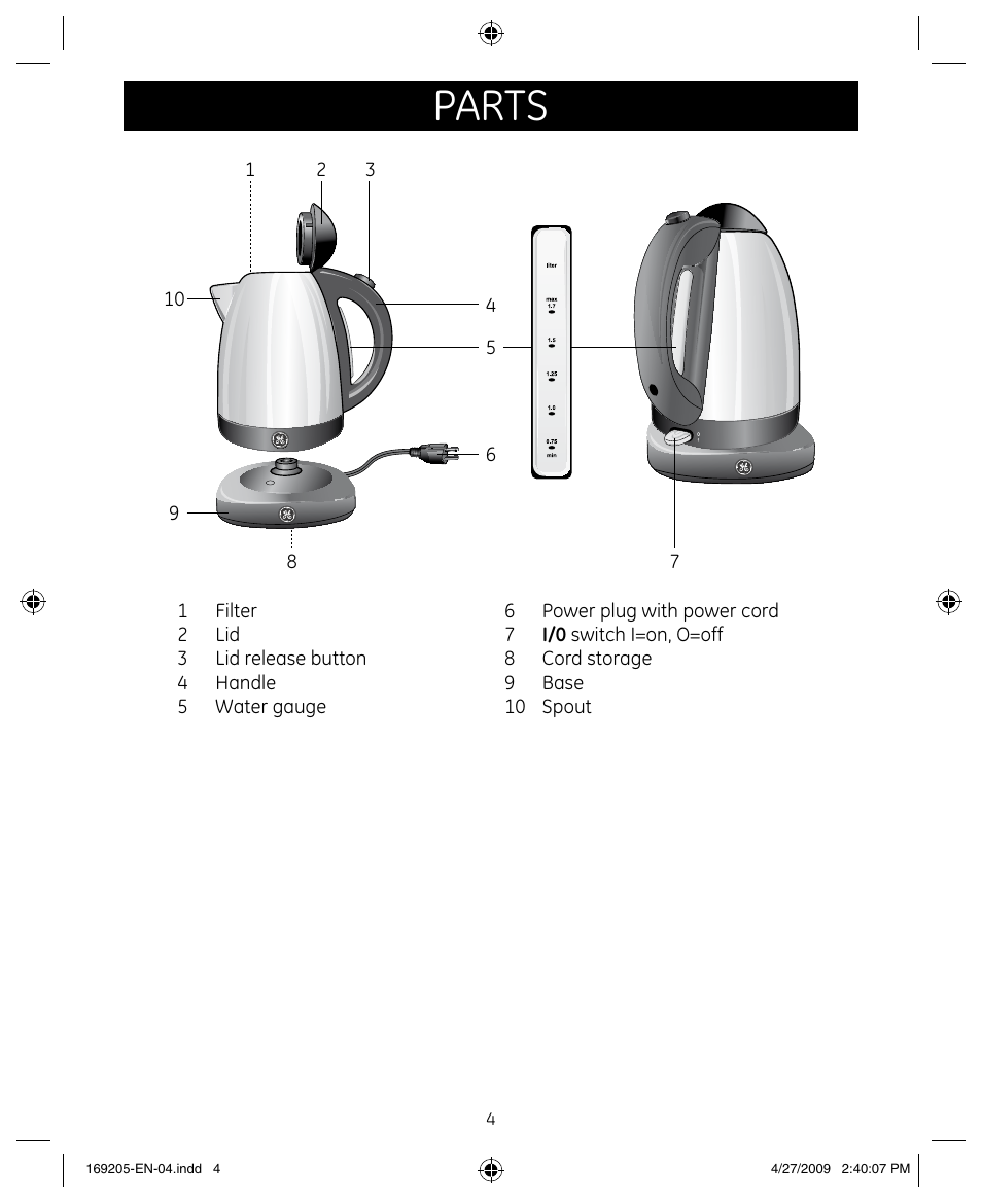 Parts | GE 169205 User Manual | Page 4 / 9