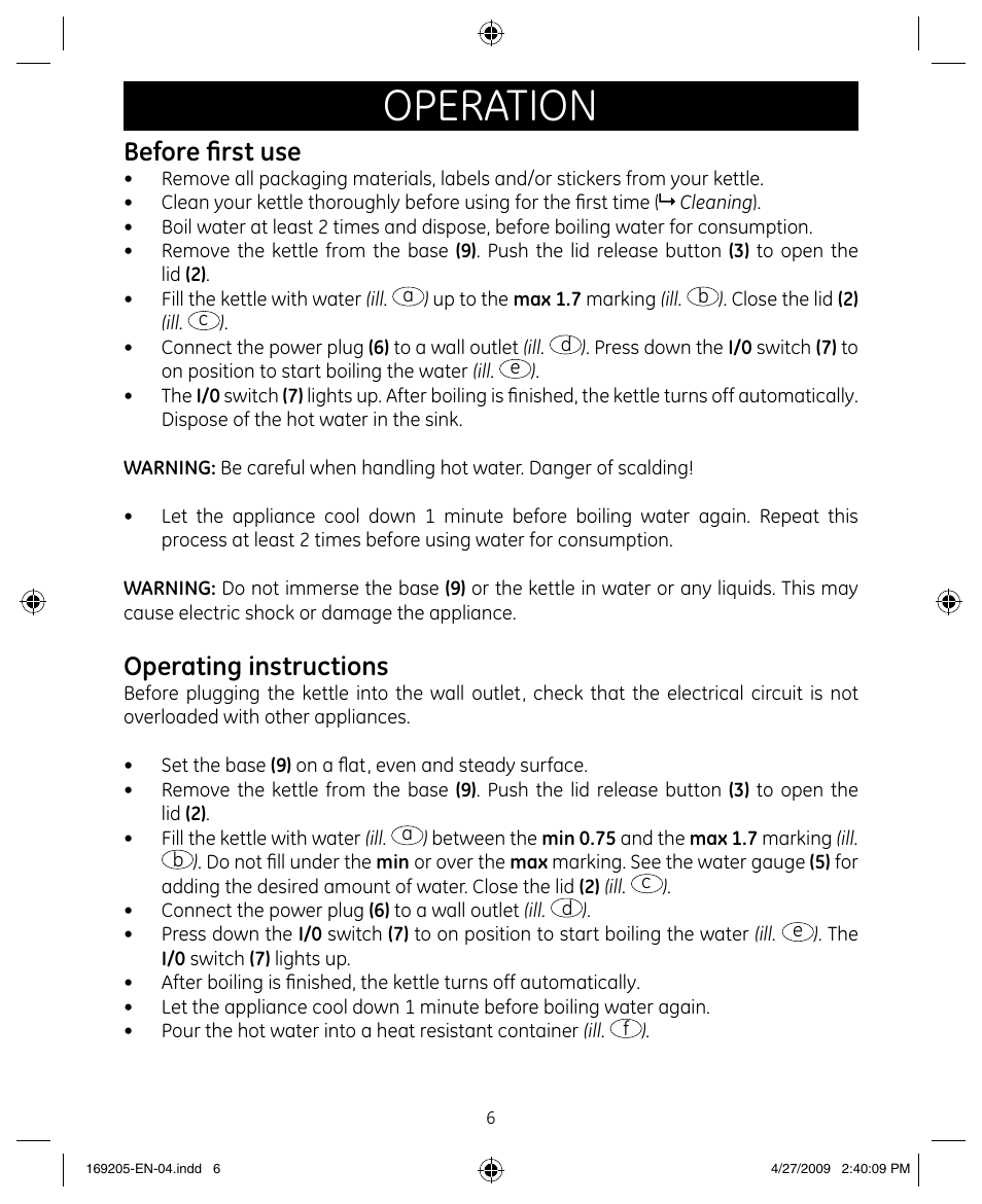 Operation, Before first use, Operating instructions | GE 169205 User Manual | Page 6 / 9