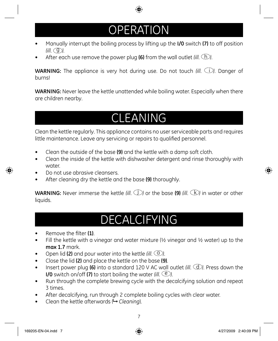 Operation, Cleaning, Decalcifying | GE 169205 User Manual | Page 7 / 9