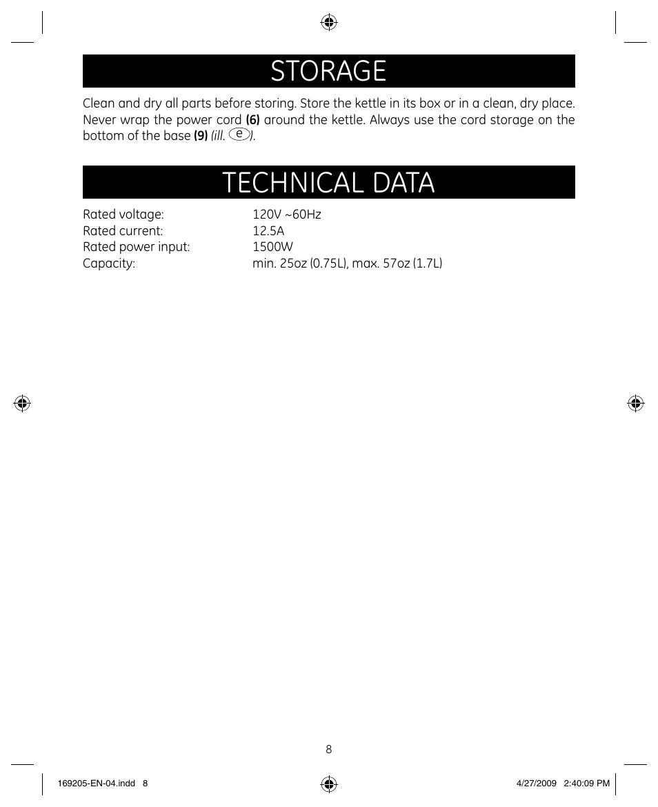 Storage, Technical data | GE 169205 User Manual | Page 8 / 9