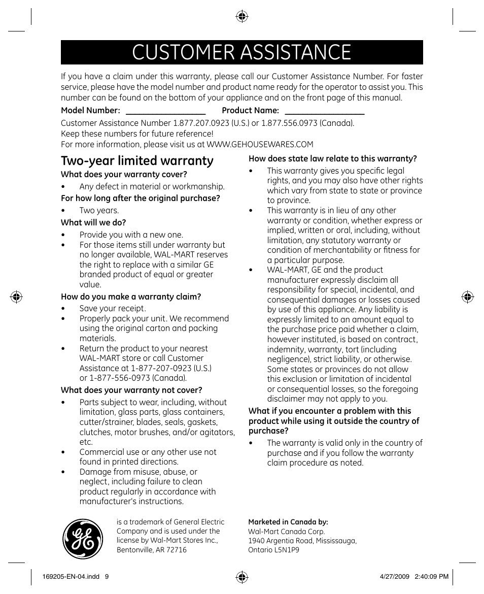 Customer assistance, Two-year limited warranty | GE 169205 User Manual | Page 9 / 9